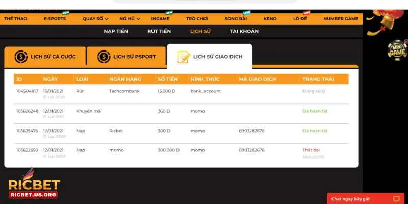 RICBET | TOP #1 NHÀ CÁI CÁ CƯỢC XỔ SỐ UY TÍN TẠI VIỆT NAM 19 Người chơi có thể giao dịch nạp - rút tại sàn cược rất dễ dàng.